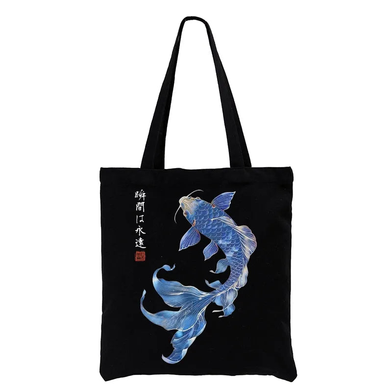 Kyoto-Lion Lucky Blue Koi Fish Art Tote Bag