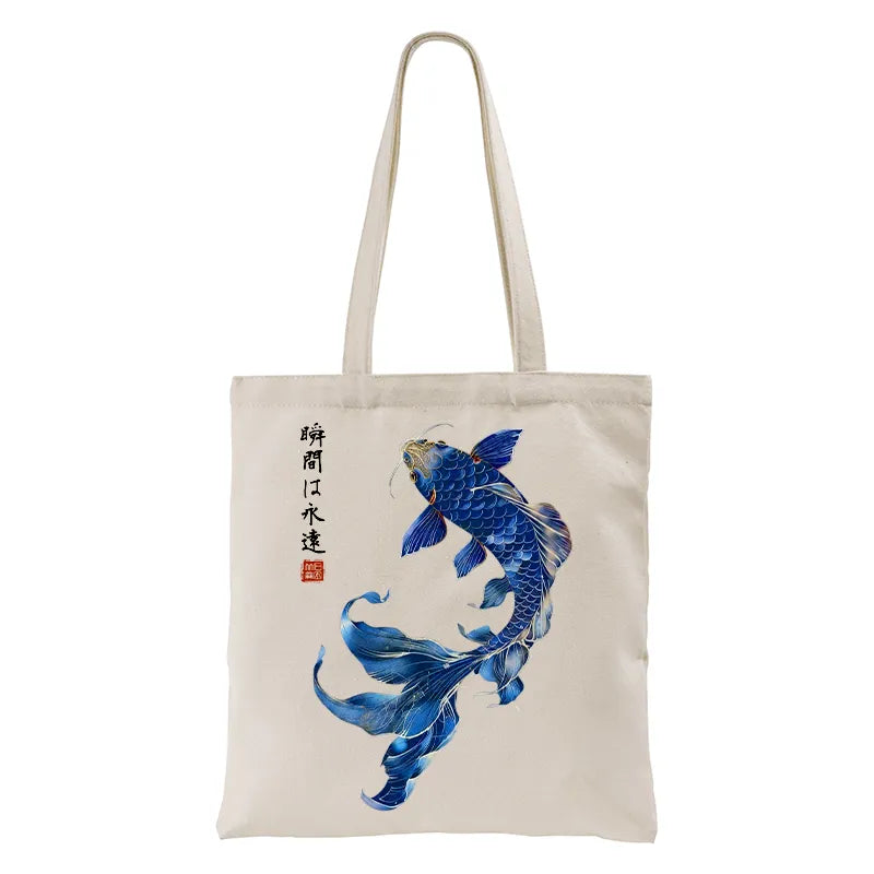 Kyoto-Lion Lucky Blue Koi Fish Art Tote Bag