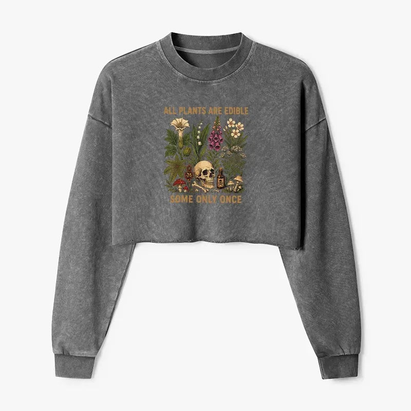 Kyoto-Lion Edible Plants Some Only Once Joke Washed Crop Sweatshirt