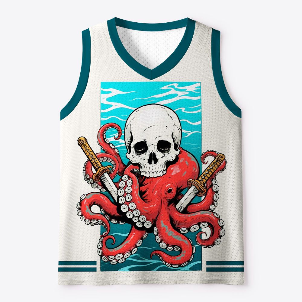 Kyoto-Lion Skeleton Octopus Katana Mesh Tank Top