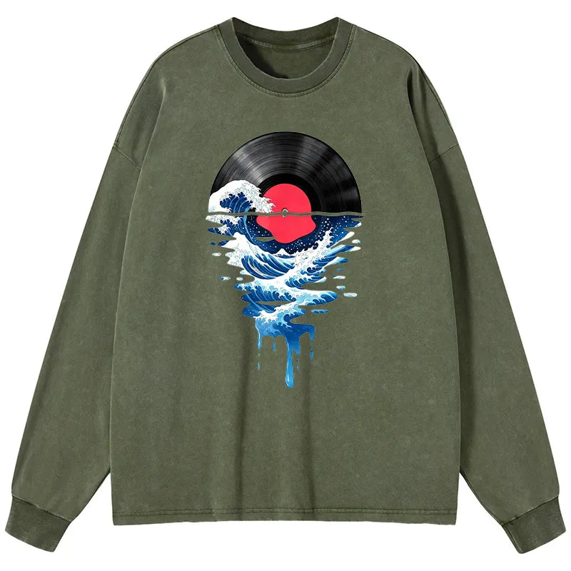 Kyoto-Lion Vinyl Records And Waves Washed Long Sleeve T-Shirt