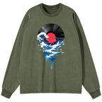 Kyoto-Lion Vinyl Records And Waves Washed Long Sleeve T-Shirt