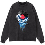 Kyoto-Lion Vinyl Records And Waves Washed Long Sleeve T-Shirt