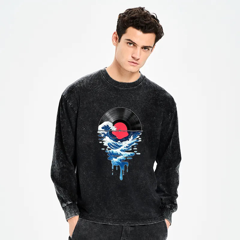 Kyoto-Lion Vinyl Records And Waves Washed Long Sleeve T-Shirt