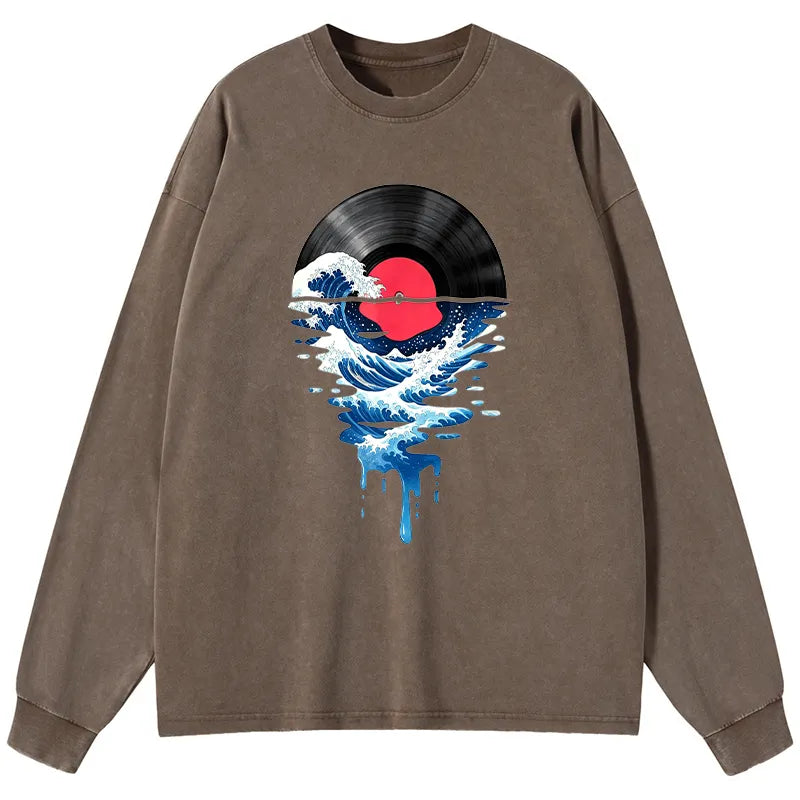 Kyoto-Lion Vinyl Records And Waves Washed Long Sleeve T-Shirt