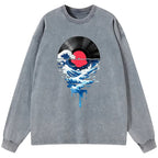 Kyoto-Lion Vinyl Records And Waves Washed Long Sleeve T-Shirt