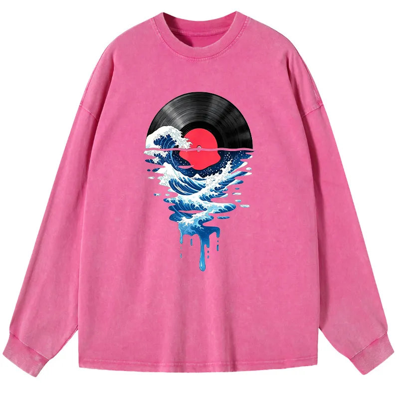Kyoto-Lion Vinyl Records And Waves Washed Long Sleeve T-Shirt