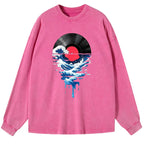 Kyoto-Lion Vinyl Records And Waves Washed Long Sleeve T-Shirt