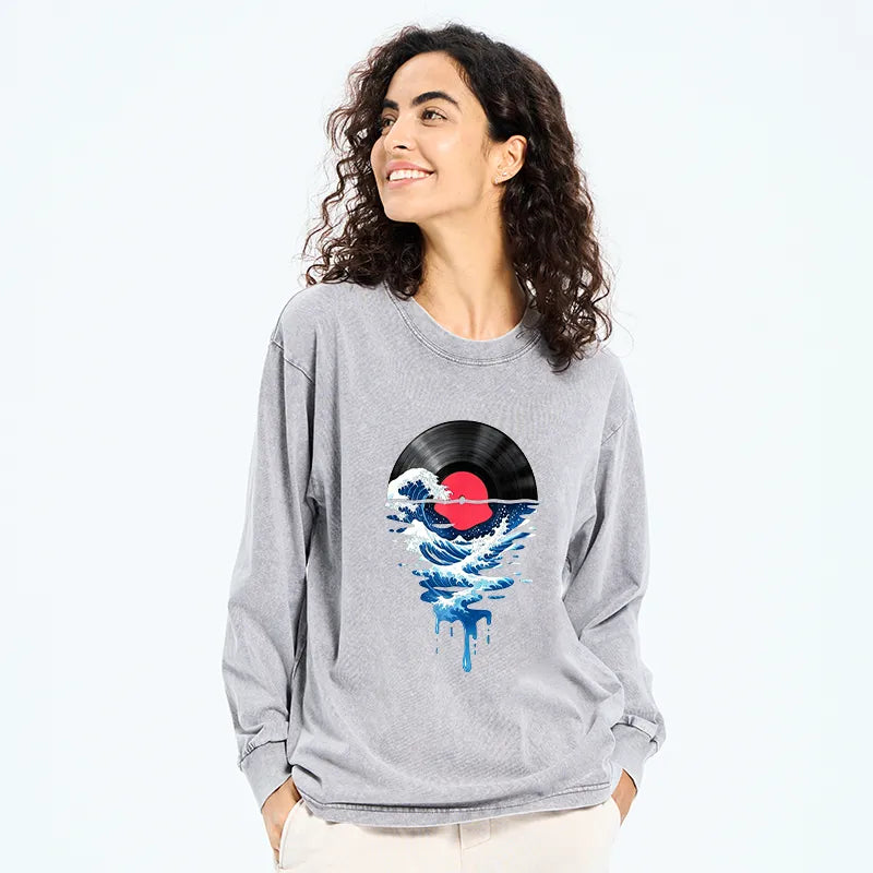 Kyoto-Lion Vinyl Records And Waves Washed Long Sleeve T-Shirt