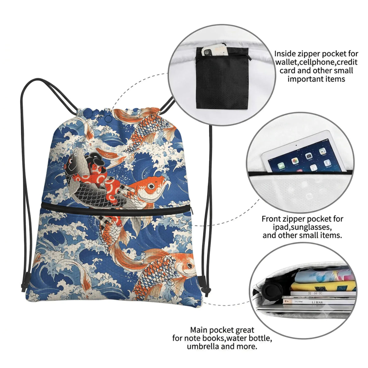 Kyoto-Lion Sumo Wrestler Holding A Koi Drawstring Backpack