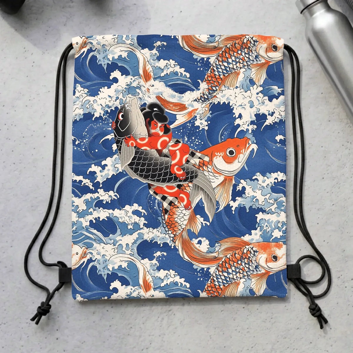 Kyoto-Lion Sumo Wrestler Holding A Koi Drawstring Backpack