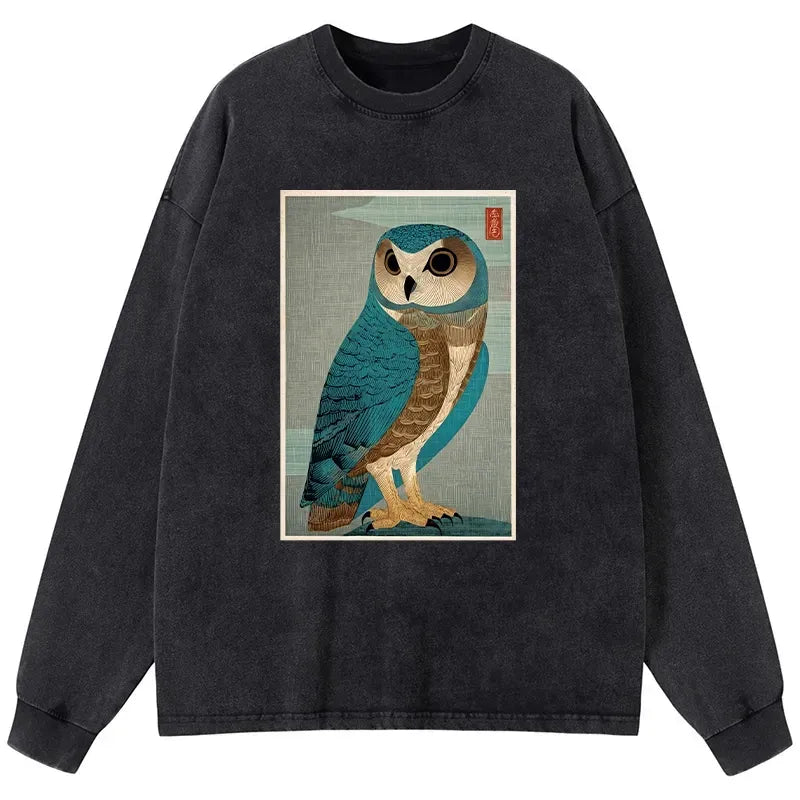 Vintage Japanese Woodblock Owl Long Sleeve Tee