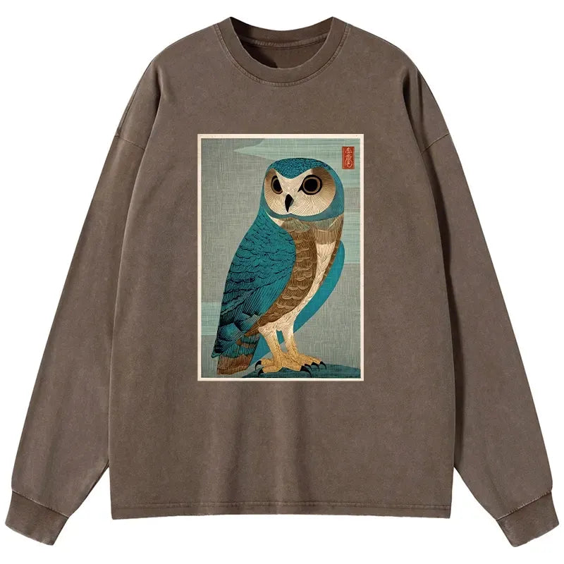 Kyoto-Lion Vintage Owl Woodblock Art Washed Long Sleeve T-Shirt