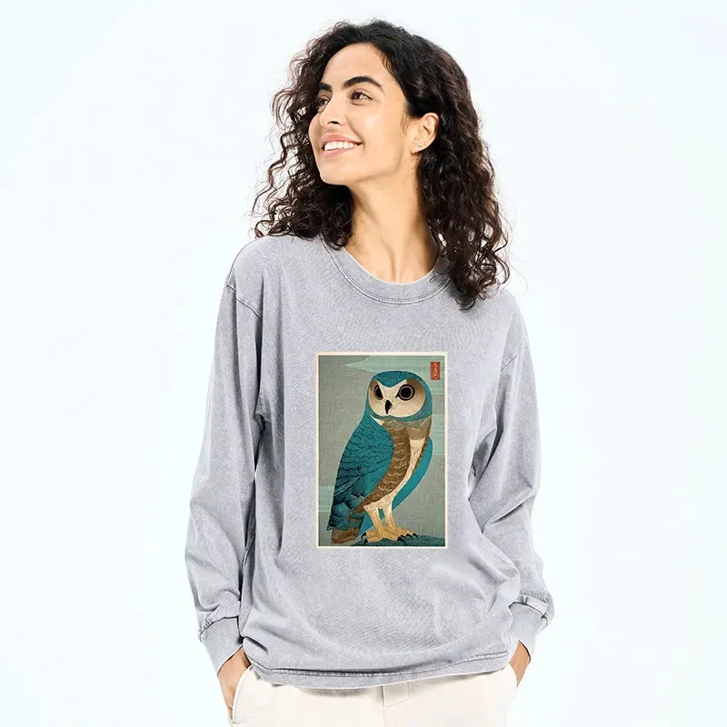 Vintage Japanese Woodblock Owl Long Sleeve Tee