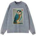 Kyoto-Lion Vintage Owl Woodblock Art Washed Long Sleeve T-Shirt