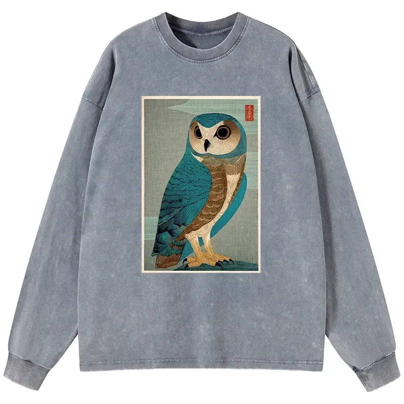 Kyoto-Lion Vintage Owl Woodblock Art Washed Long Sleeve T-Shirt