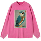 Kyoto-Lion Vintage Owl Woodblock Art Washed Long Sleeve T-Shirt