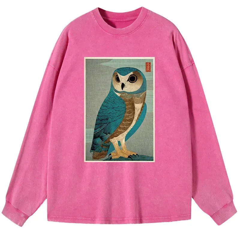 Kyoto-Lion Vintage Owl Woodblock Art Washed Long Sleeve T-Shirt