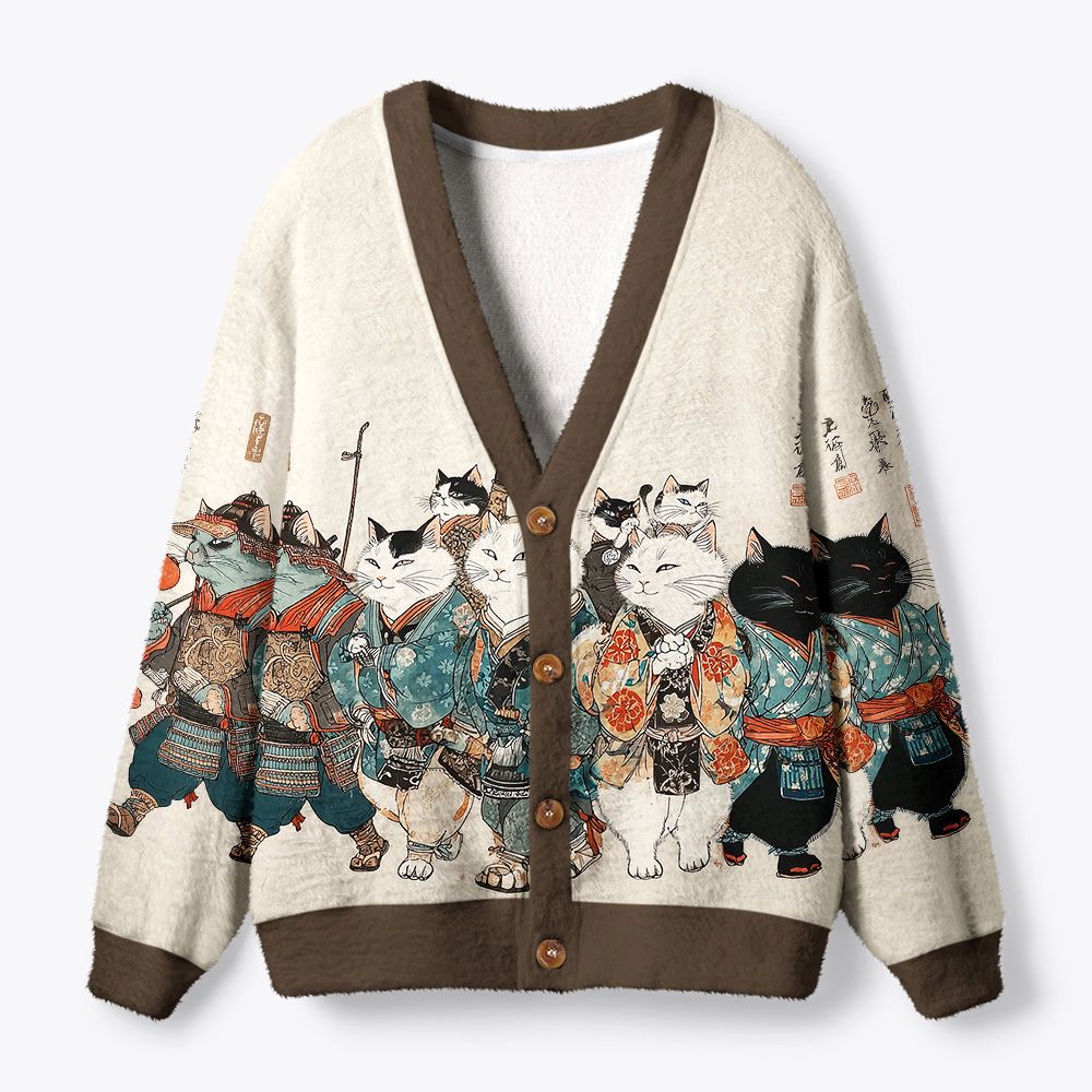 Kyoto-Lion Samurai Cats Assemble Ugly Cardigan Sweater