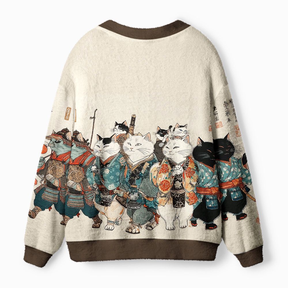 Kyoto-Lion Samurai Cats Assemble Ugly Cardigan Sweater