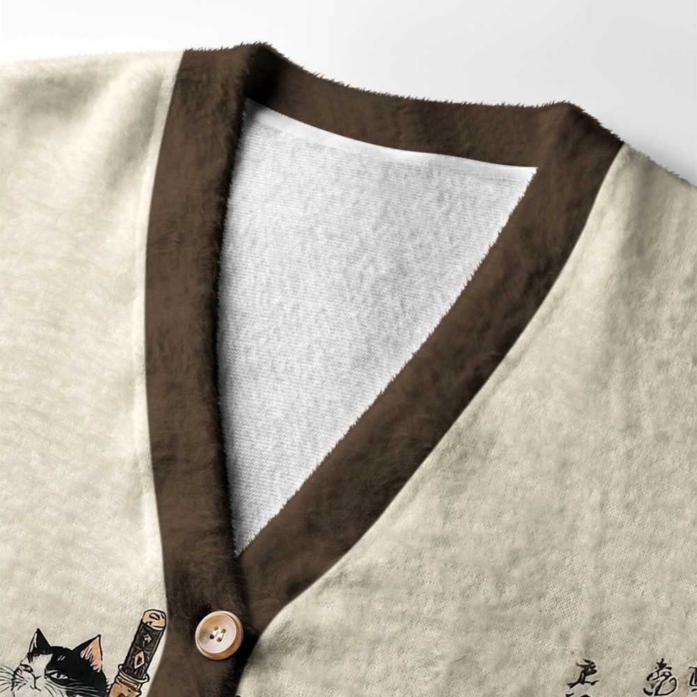 Kyoto-Lion Samurai Cats Assemble Ugly Cardigan Sweater