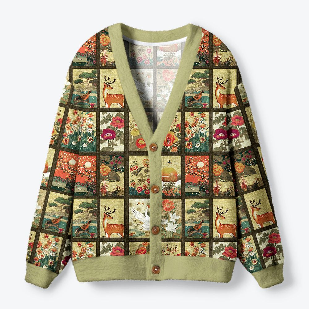 Kyoto-Lion Ukiyoe Floral Patchwork Ugly Cardigan Sweater