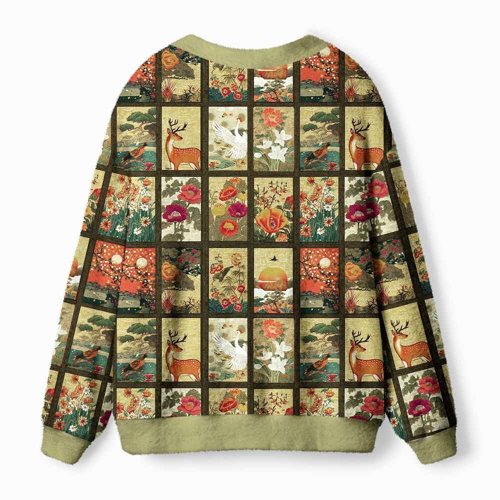 Kyoto-Lion Ukiyoe Floral Patchwork Ugly Cardigan Sweater