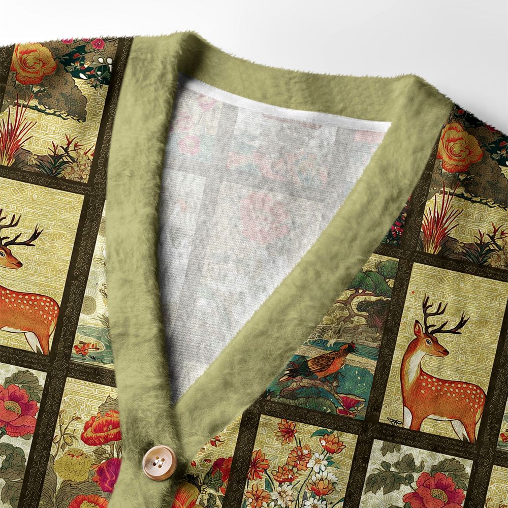 Kyoto-Lion Ukiyoe Floral Patchwork Ugly Cardigan Sweater