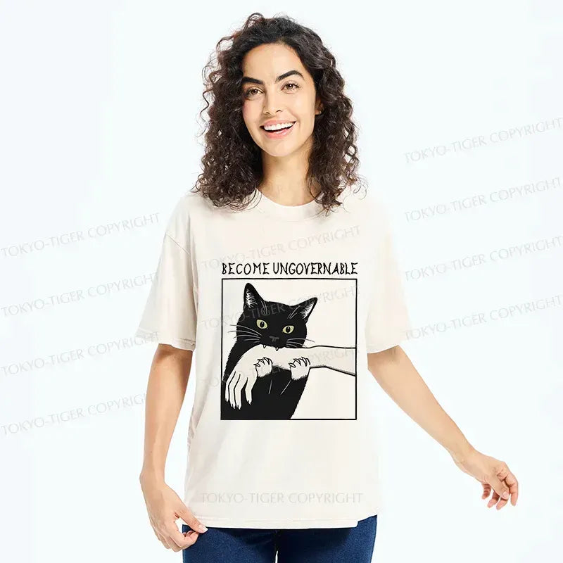 Japanese black cat biting washed t-shirt
