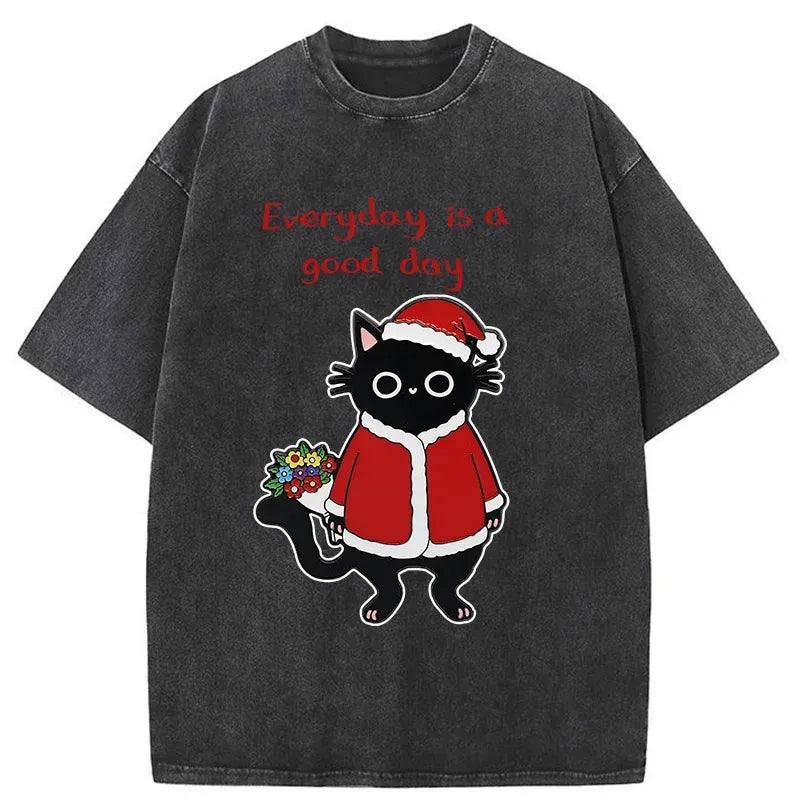 Washed Japanese Cat T-Shirt for Summer