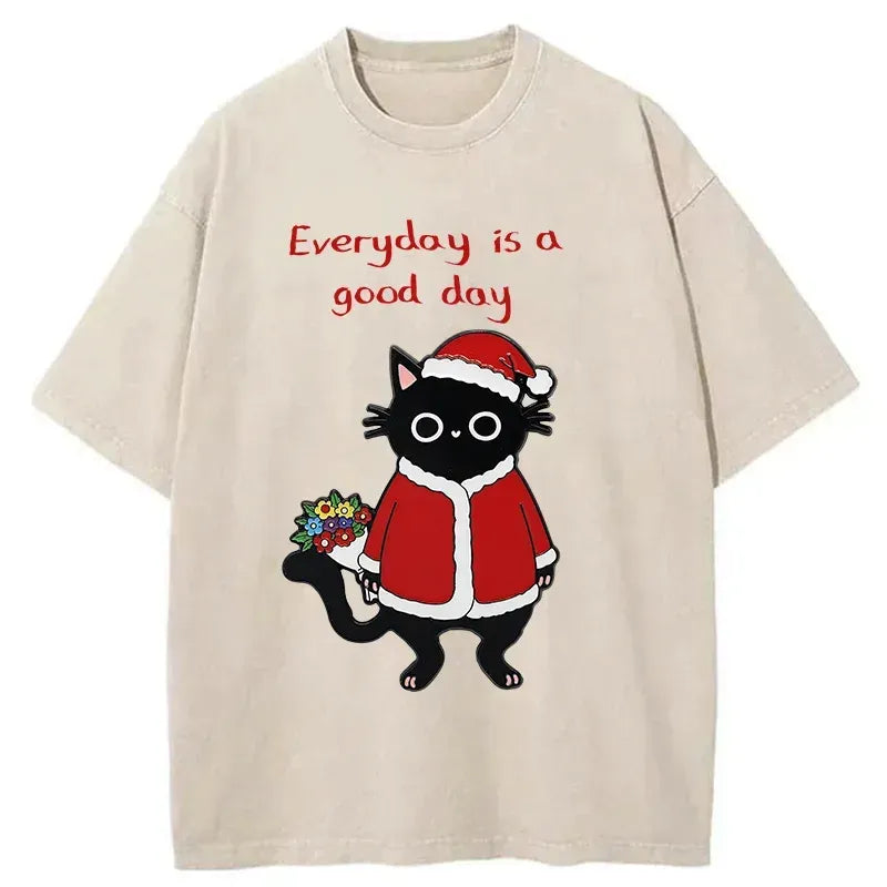 Washed Japanese Cat T-Shirt for Summer