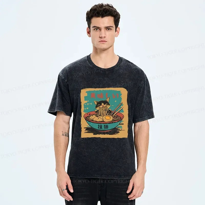 Japanese Vintage Kitten Ramen T-Shirt for Daily Wear