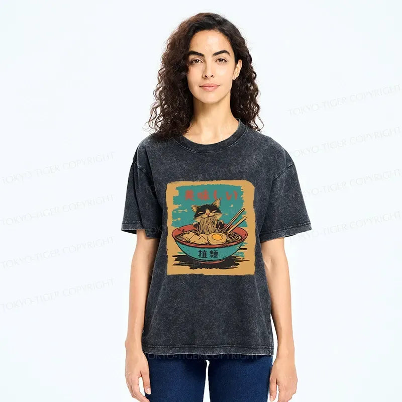 Washed Unisex T-Shirt with Cute Kitten Eating Ramen