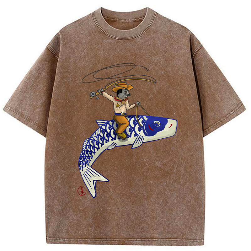 Kyoto-Lion Cowboy Mouse Ride Fish Washed T-Shirt