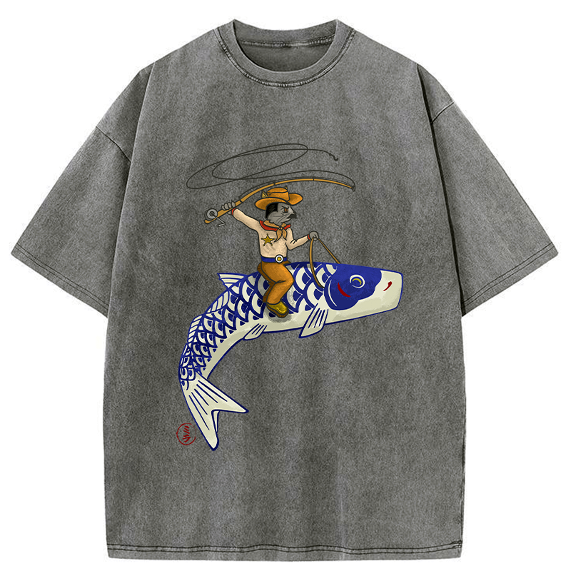 Kyoto-Lion Cowboy Mouse Ride Fish Washed T-Shirt