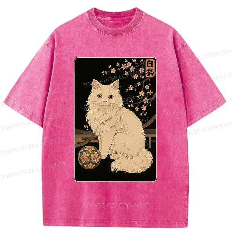 Retro White Cat Washed T-Shirt