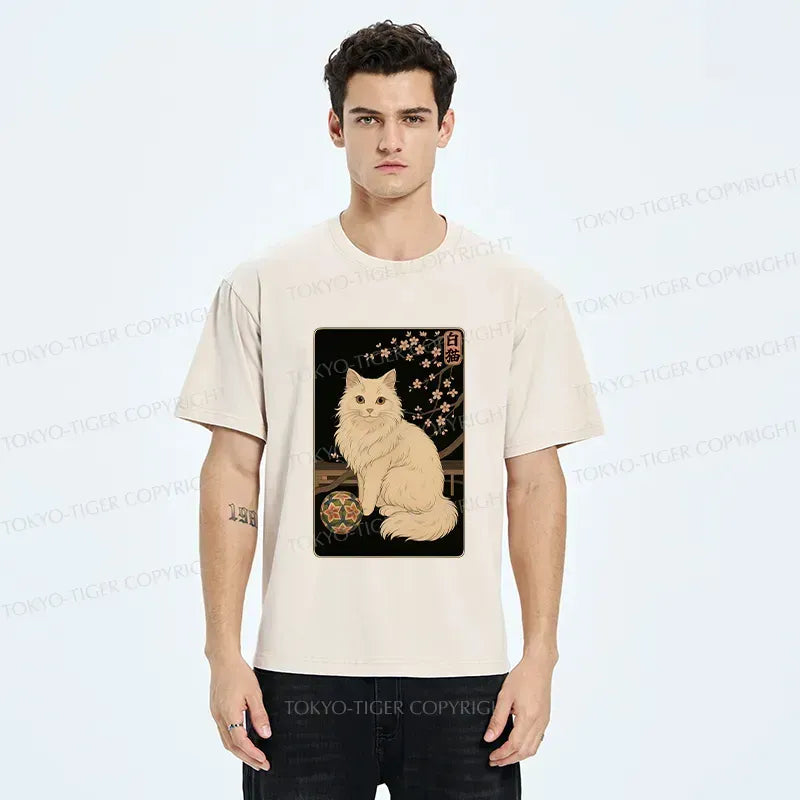 Kyoto-Lion Retro White Cat Washed T-Shirt