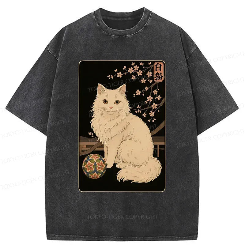 Retro White Cat Washed T-Shirt
