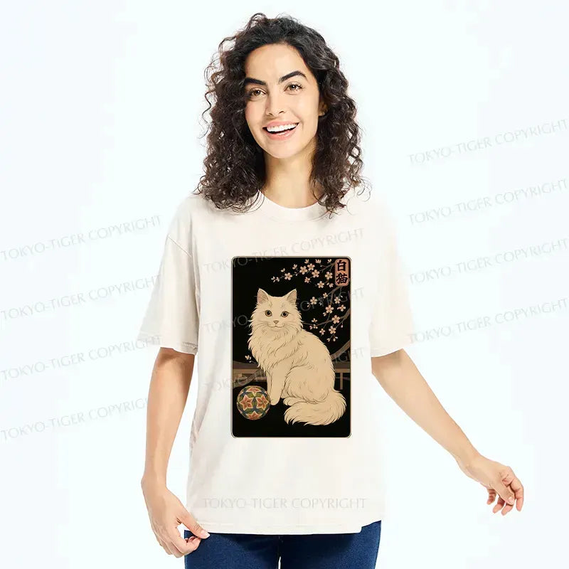 Kyoto-Lion Retro White Cat Washed T-Shirt
