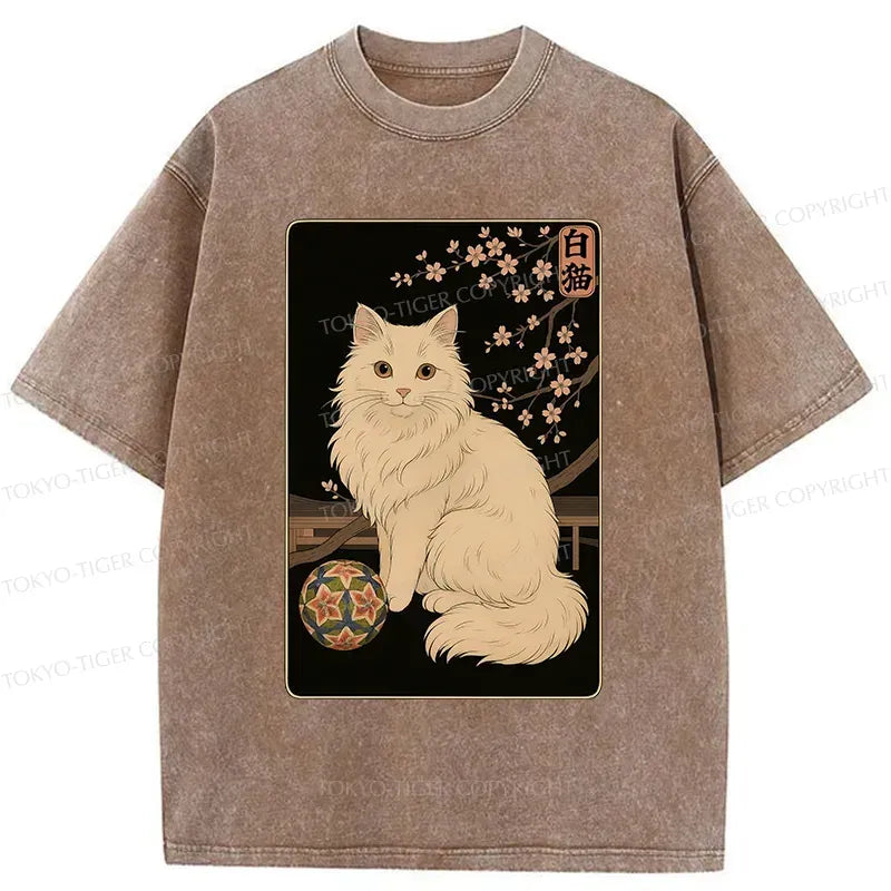 Kyoto-Lion Retro White Cat Washed T-Shirt