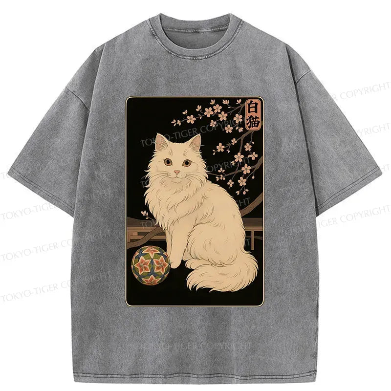Retro White Cat Washed T-Shirt
