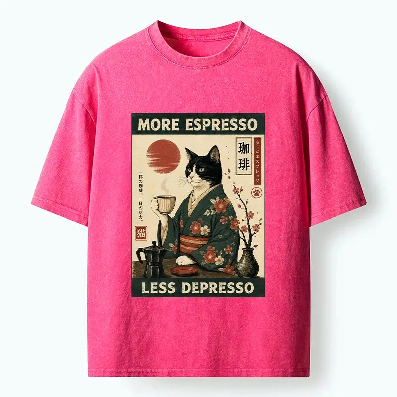 Kyoto-Lion Funny Meme Kimono Cat Coffee Poster Washed T-Shirt