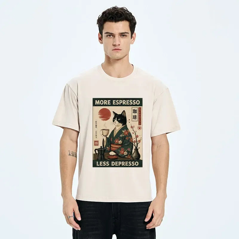 Kyoto-Lion Funny Meme Kimono Cat Coffee Poster Washed T-Shirt