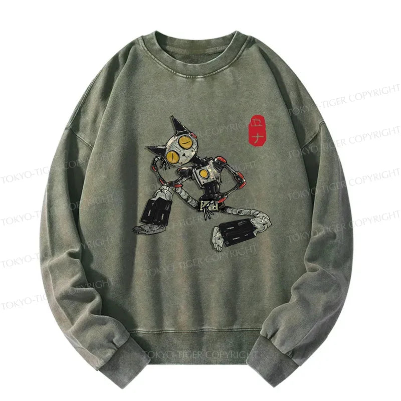 Kyoto-Lion Contemplative Robot Cat Washed Sweatshirt