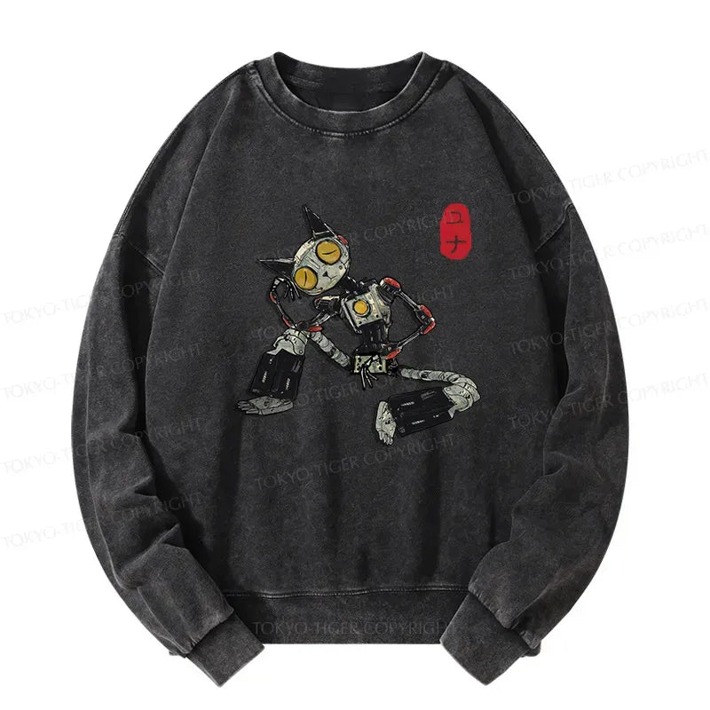 Kyoto-Lion Contemplative Robot Cat Washed Sweatshirt