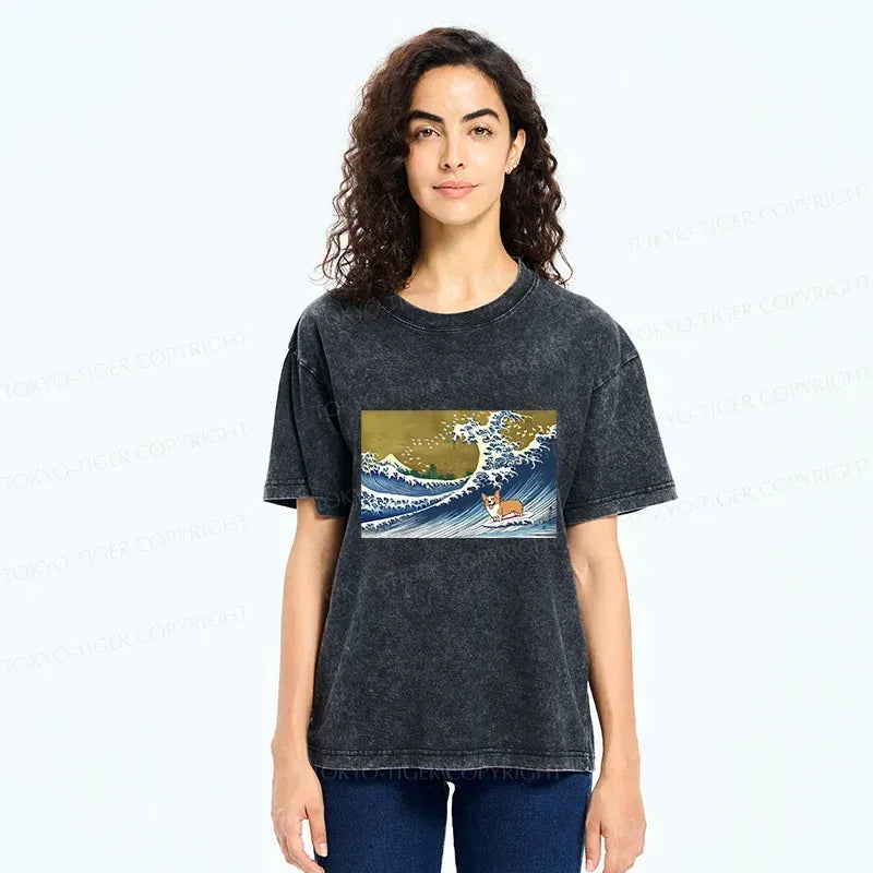 Japanese Corgi Surfing T-Shirt on Sale