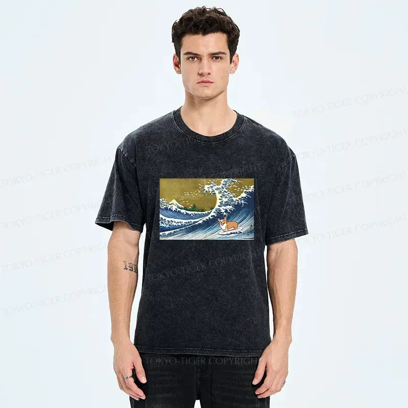 Japanese Corgi Surfing T-Shirt on Sale