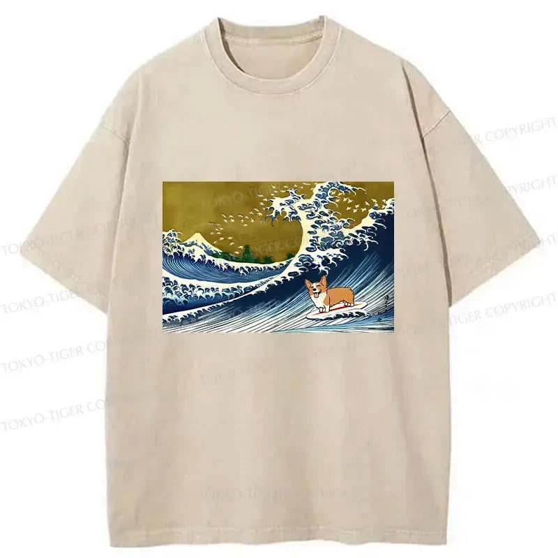 Japanese Corgi Surfing T-Shirt on Sale