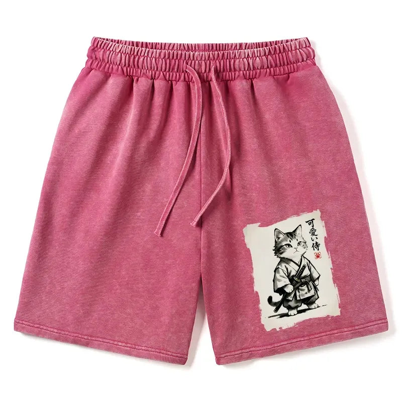Kyoto-Lion Japanese Samurai Cat Illustration Washed Shorts