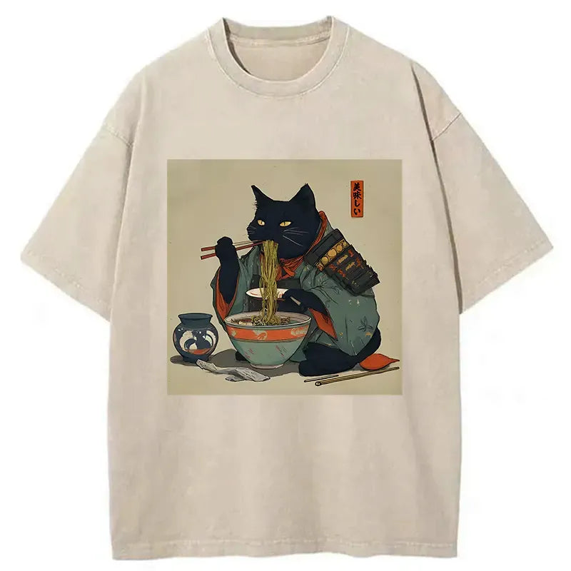 Kyoto-Lion Cat Warrior Eating Ramen Washed T-Shirt